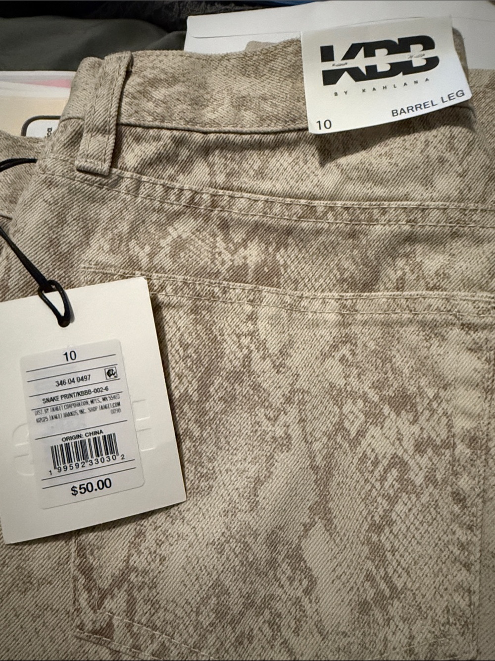 KBB Light Beige Snake-Print Barrel Leg Jeans